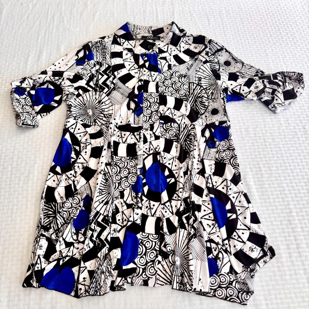 Midnight Velvet XL‎ Tunic Top Abstract Geometric Pop Art Blue Black White Swing